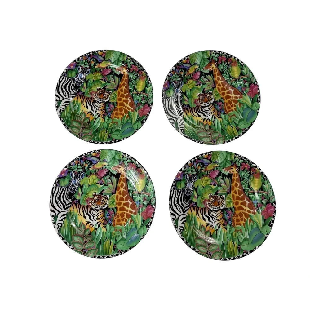 Sakura Magic Jungle Plates Set of 4 Sue Zipkin Tiger Giraffe Zebra Porcelain 8